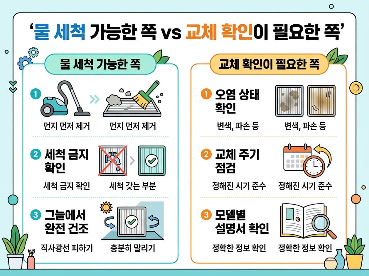 에어컨 필터에서 물 세척 가능한 극세 필터와 교체형 필터를 구분하고 완전 건조까지 보여주는 인포그래픽