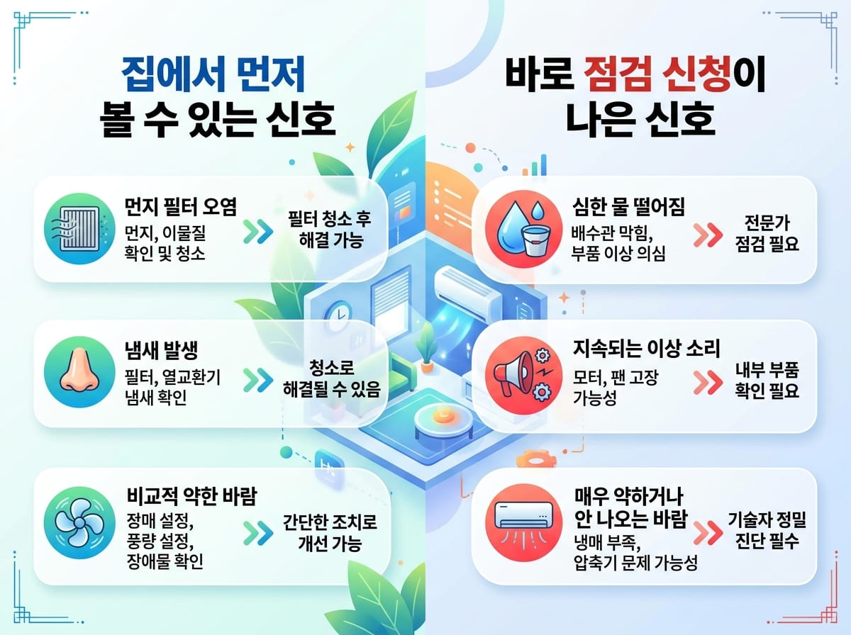 직접 해결 가능한 증상과 서비스 점검이 필요한 증상을 나눠 보여주는 에어컨 첫 가동 점검 플로우차트 인포그래픽