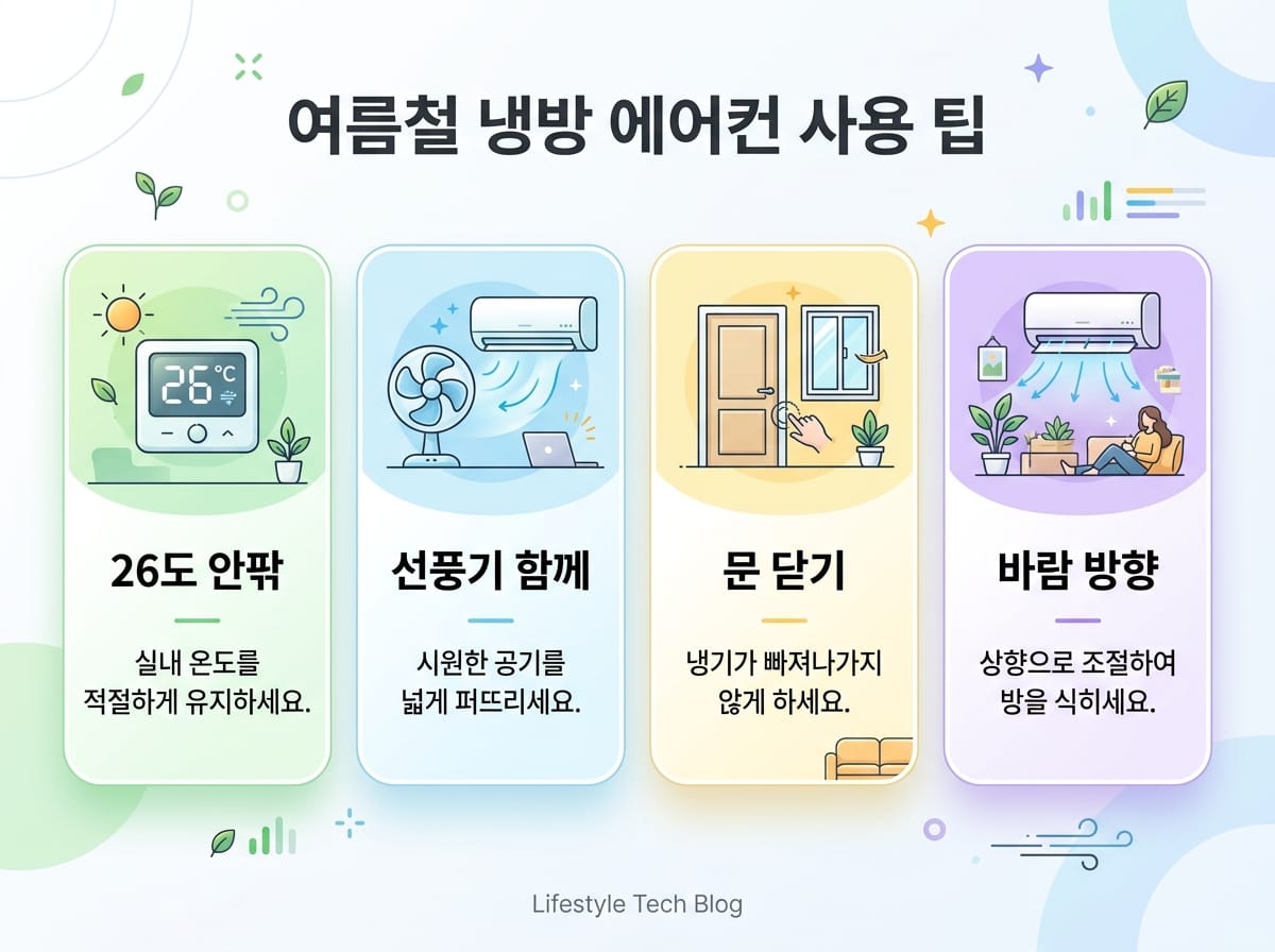 첫 가동 뒤 전기요금이 덜 아쉽도록 26도 설정과 선풍기 병행, 문 닫기, 바람 방향 조정을 정리한 인포그래픽