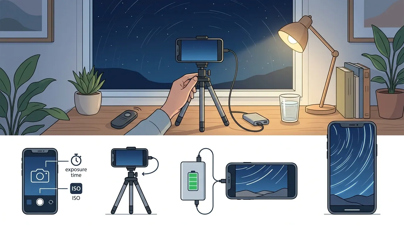 밤하늘 인공위성 궤적 촬영 스텝 바이 스텝 가이드 내용을 설명하는 이미지