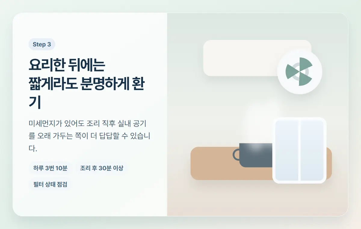 주방 조리 뒤 창문과 환기장치를 함께 쓰는 실제 루틴