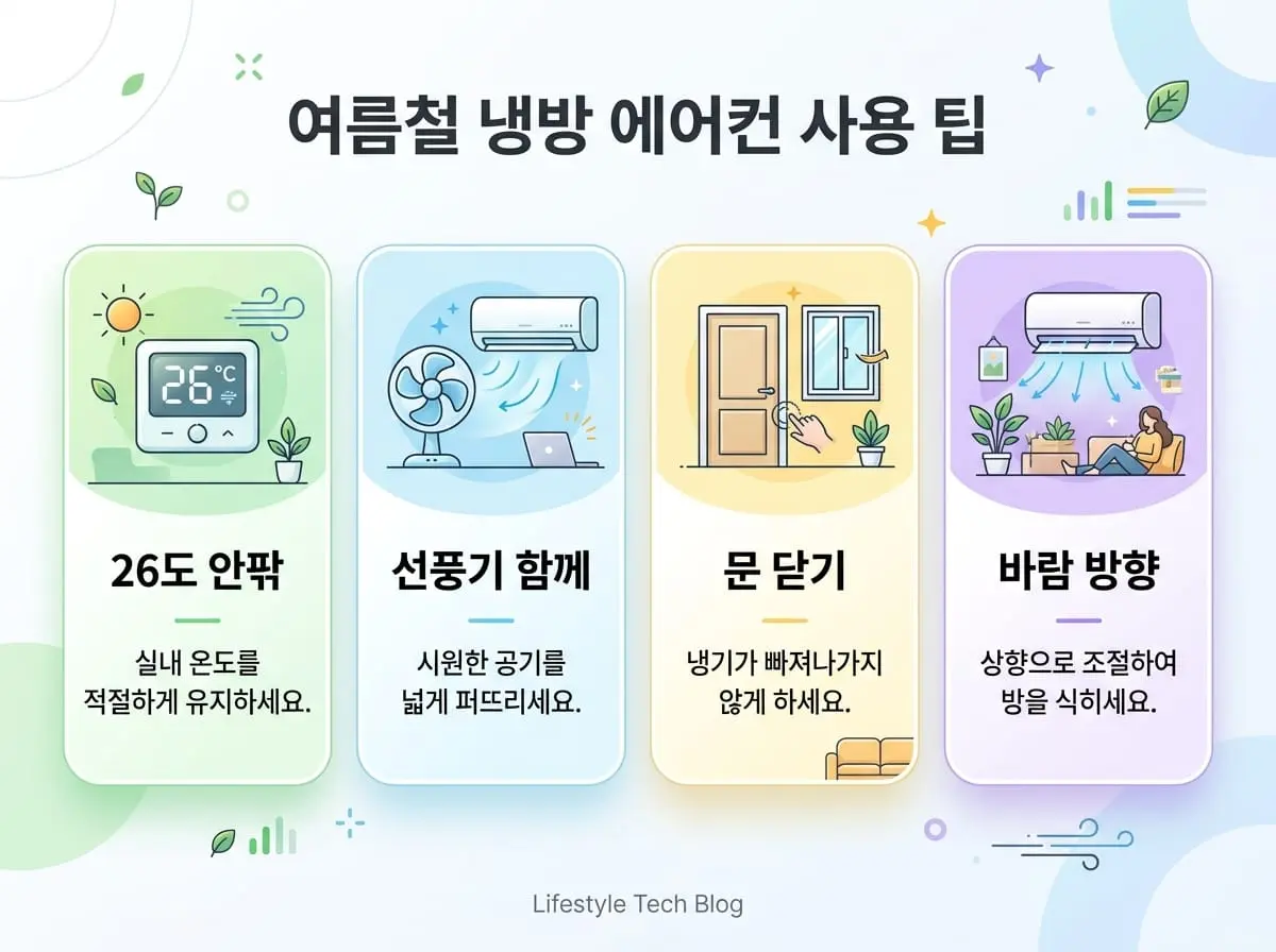 첫 가동 뒤 전기요금이 덜 아쉽도록 26도 설정과 선풍기 병행, 문 닫기, 바람 방향 조정을 정리한 인포그래픽