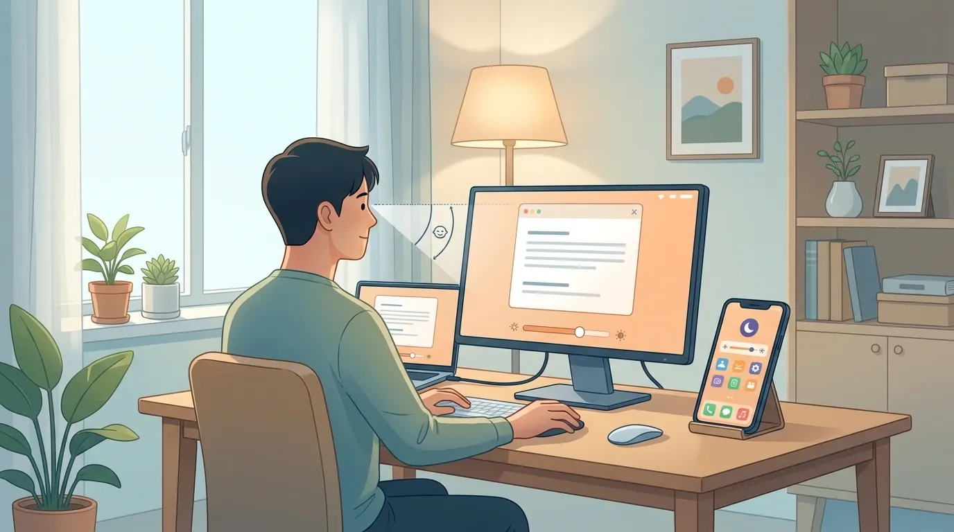눈 건강 지키는 디스플레이 설정: 스마트폰, 모니터 밝기 및 색온도 조절 가이드 한눈에 보기 내용을 설명하는 이미지