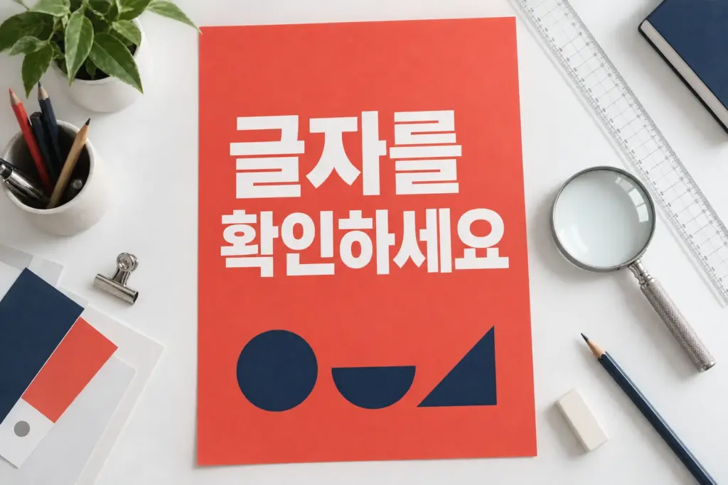 한글 포스터의 글자와 정렬을 점검하는 편집 작업 대표이미지