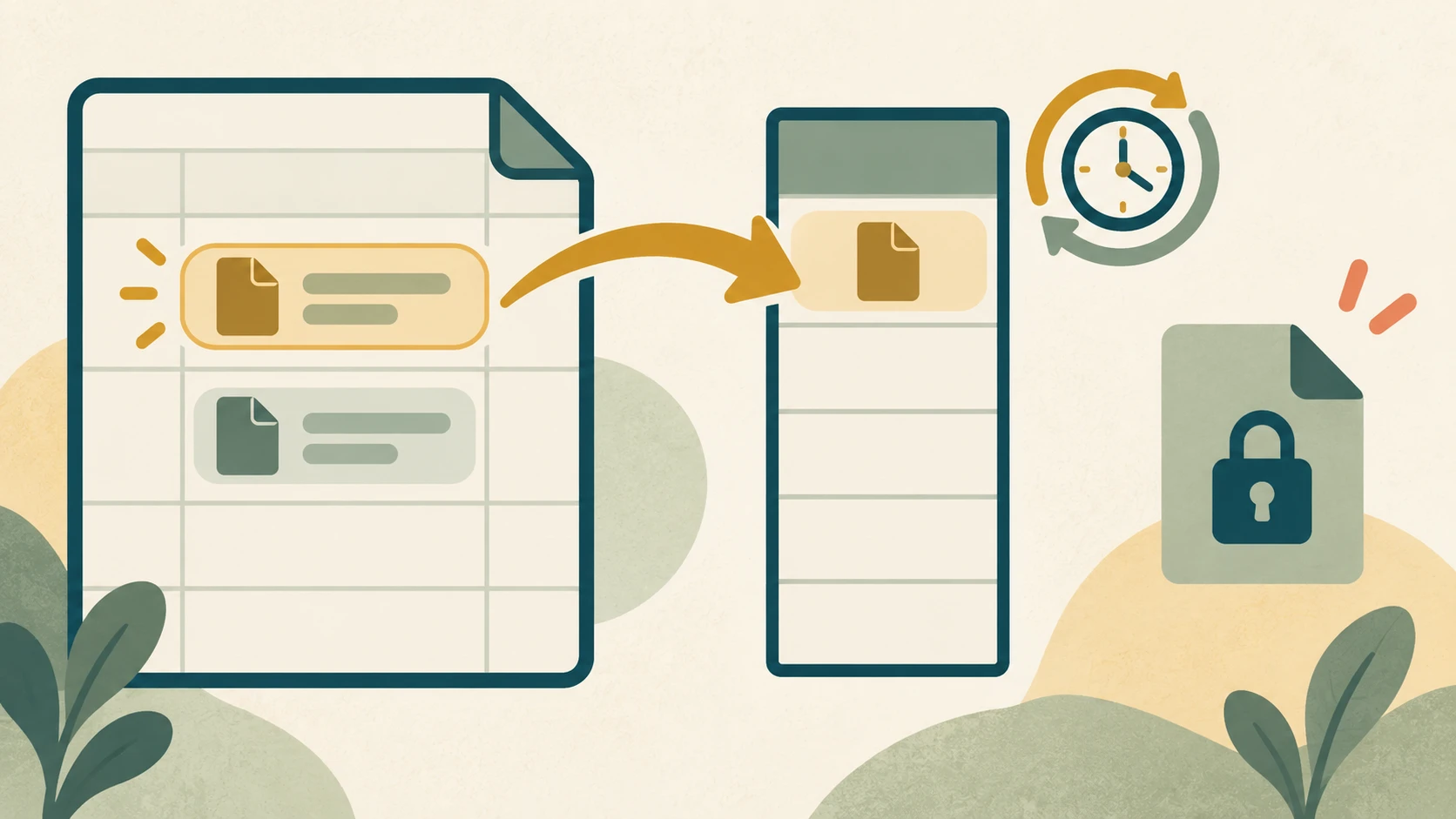 시트의 파일 칩에서 이름을 추출 열로 옮기고 갱신과 원본 접근권을 별도로 확인하는 개념 그림